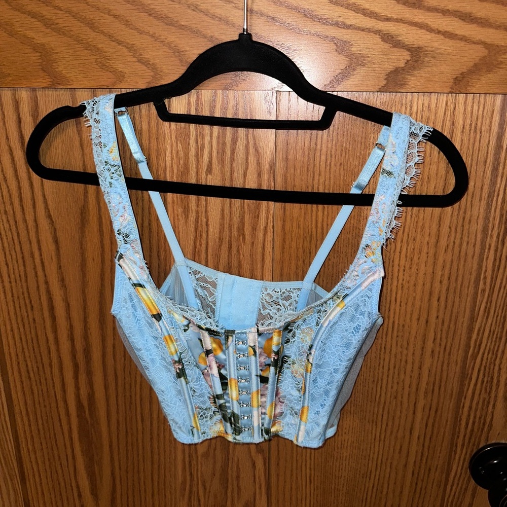 Victoria Secret Light Blue Lace Corset Top with Floral Accents